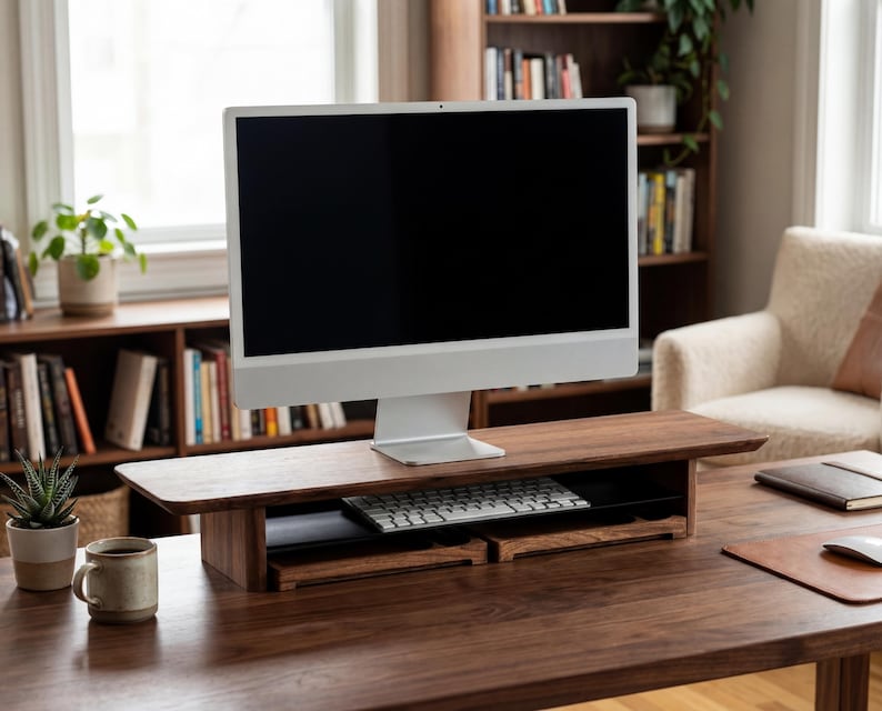 a modern workspace with a wooden desk, a white computer monitor, a keyboard, and a mouse. The desk has a wooden stand that elevates the monitor, providing a comfortable viewing angle. The room also includes a bookshelf filled with books and a plant, creating a cozy and functional environment.