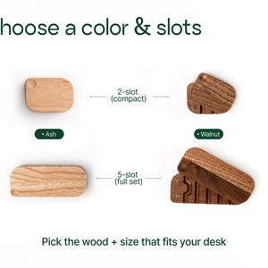 various types of wooden boards or slats, each with different shapes and sizes, along with instructions on how to choose the appropriate wood based on the size of a desk.