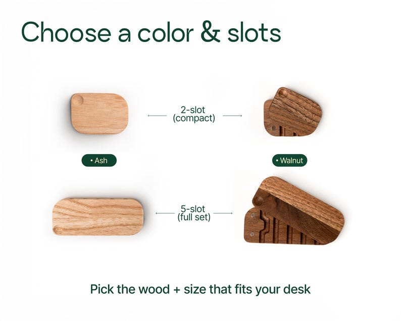 various types of wooden boards or slats, each with different shapes and sizes, along with instructions on how to choose the appropriate wood based on the size of a desk.