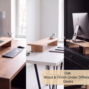 The image showcases a modern, minimalist workspace with three different desks. The first desk has a wooden frame and a black monitor, the second desk has a wooden frame and a white monitor, and the third desk has a wooden frame and a black monitor. The desks are arranged in a way that allows for a clear view of the screens, and the overall design and color scheme create a cohesive and visually appealing workspace.