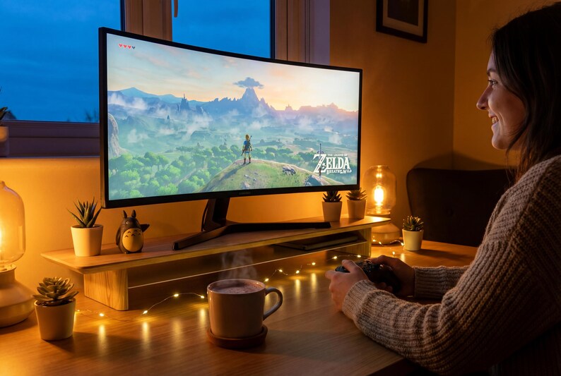 A woman is sitting at a desk, playing a video game on a large monitor. The monitor displays a scenic landscape from the video game, and the woman is holding a video game controller. The desk is decorated with various items, including a mug, a candle, and several potted plants.