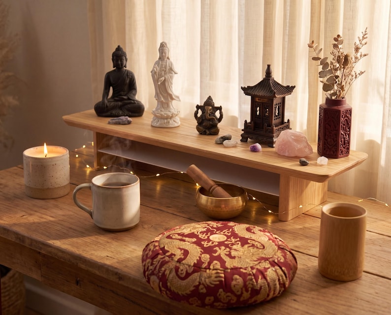a wooden table with various objects arranged on it, including a cup, a bowl, a candle, a vase, a Buddha statue, and a dragon pillow.