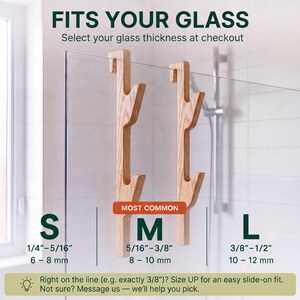 a selection of glass hooks or clamps, each labeled with a size ranging from S to L. The hooks are designed to fit different glass thicknesses, allowing customers to choose the appropriate size based on their needs.