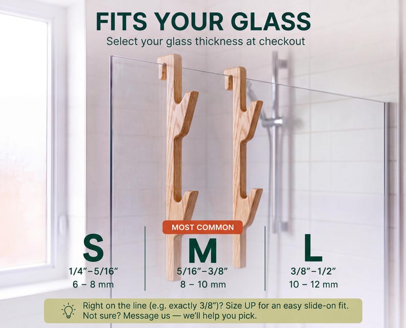 a selection of glass hooks or clamps, each labeled with a size ranging from S to L. The hooks are designed to fit different glass thicknesses, allowing customers to choose the appropriate size based on their needs.