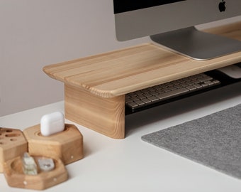 Support d'écran en bois avec rangement - Contremarche d'étagère de bureau gravée personnalisée pour bureau à domicile