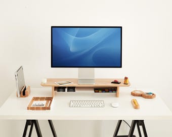 Soporte de escritorio de madera para monitor con almacenamiento - Estante elevador de monitor personalizado