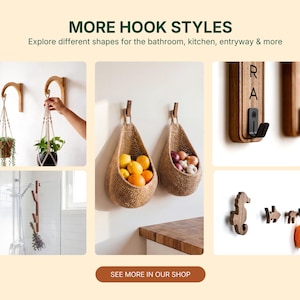 The image is a collage of various items, including a person's hand holding a plant, a hanging basket with fruits, a wooden hook with a plant, and a wooden hook with a seahorse. The collage also includes a wooden hook with a plant and a wooden hook with a seahorse. The image does not contain any text, and the collage does not describe each item individually.