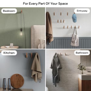 The image is a collage of four different interior design scenes, each depicting a different part of a room: a bedroom, an entryway, a kitchen, and a bathroom.