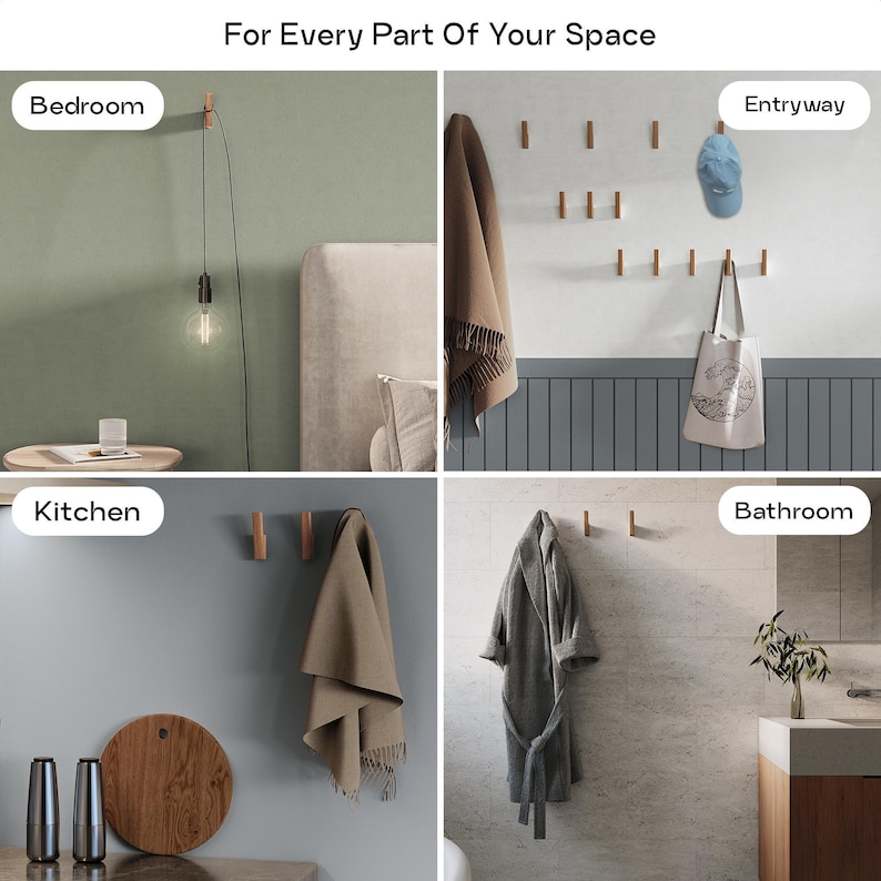 The image is a collage of four different interior design scenes, each depicting a different part of a room: a bedroom, an entryway, a kitchen, and a bathroom.