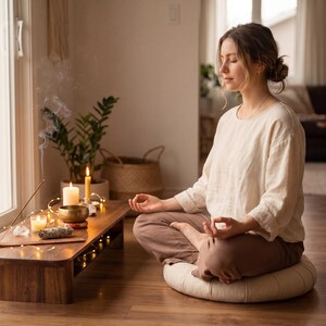 A woman is sitting in a meditative pose on a cushion in a serene and peaceful indoor setting, surrounded by candles, plants, and a wooden table with incense.