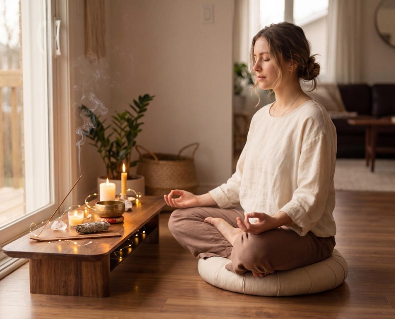 A woman is sitting in a meditative pose on a cushion in a serene and peaceful indoor setting, surrounded by candles, plants, and a wooden table with incense.