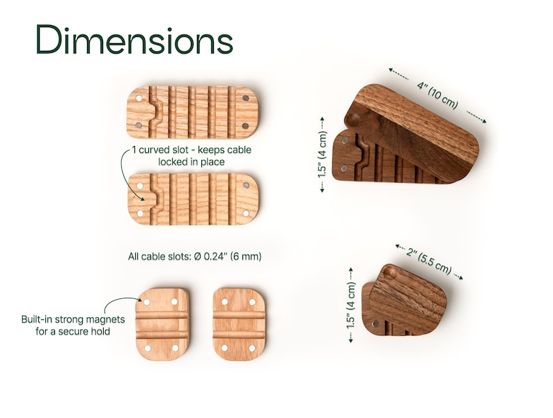 various wooden objects, including a curved slot, a strong magnet, and a wooden block, along with their dimensions and features.