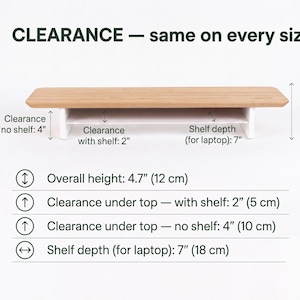 The image is a product image for a wooden shelf with a clear design. It features a shelf with a clear top and bottom, and the shelf is described in terms of its overall height, shelf depth, and shelf depth for a laptop.