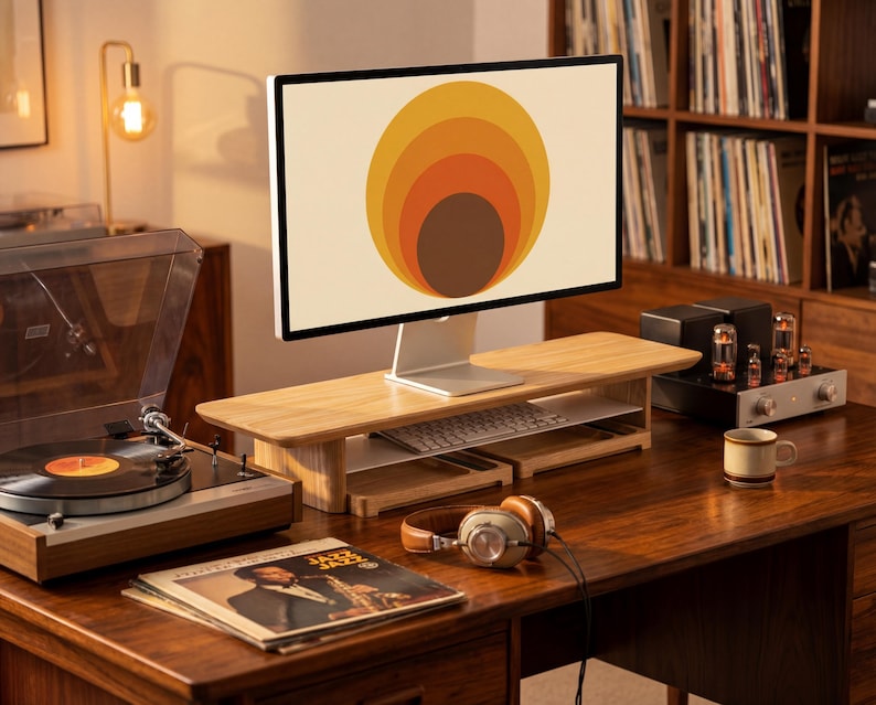 A well-organized workspace with a desktop computer, a turntable, headphones, and a collection of vinyl records on a wooden desk.