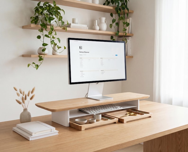 a modern workspace with a computer monitor, keyboard, and mouse on a wooden desk. The desk has a wooden stand and a shelf above it, providing additional storage space. The desk also has a few decorative items, such as a potted plant, a vase, and a stack of books. The overall setting appears to be a well-organized and comfortable work environment.