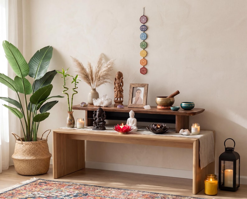 a serene and well-decorated room with a wooden bench, a variety of plants, and an array of decorative items.