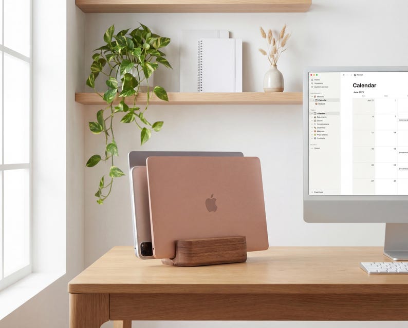 a wooden desk with a laptop, a computer monitor, and a plant. The laptop is placed on a wooden stand, and the computer monitor is on the desk. There is also a calendar on the desk, suggesting that the space is used for work and organization.