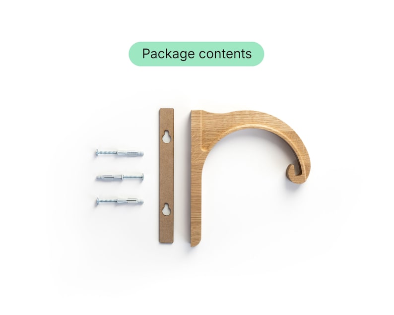 a wooden hook or hanger with three screws and a wooden bar, along with a green text box that reads "Package contents".