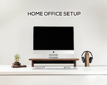 Desk Setup with Monitor Stand , Wooden Home office setup : Monitor stand , laptop holder , phone charger , Headphone stand  and other, Desk