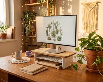Stojak na monitor | Szerokość niestandardowa, blat dębowy lub orzechowy – ergonomiczny organizer na biurko, akcesorium do domowego biura