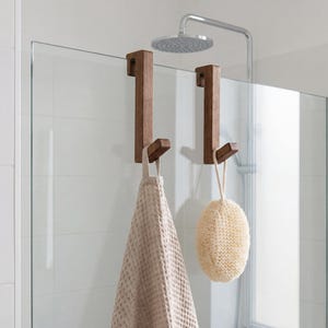 Walnut Shower Hook for Glass Door – No Drill Towel Hanger for Frameless Door | Spa Bathroom Decor Self Care Accessory
