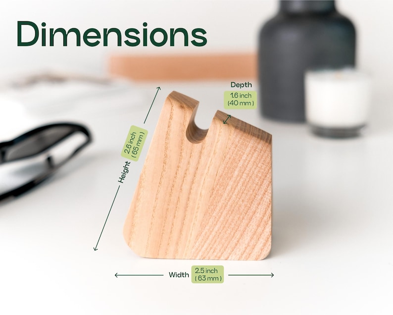 a wooden object, possibly a piece of furniture or a tool, with dimensions and a label indicating its height, width, and depth.