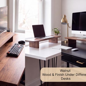 a modern workspace with a wooden desk, a laptop, a desktop computer, and a television. The desk has a wooden stand and a white surface, and the room has a window and a plant. The image also includes text that reads "Walnut Wood & Finish Under Different Desks".