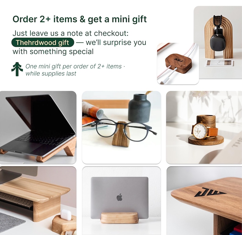 The image is a collage of various items, including a laptop, glasses, a wooden stand, a watch, and other accessories, all arranged in a visually appealing manner.