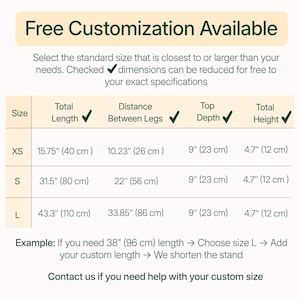 The image is a table with standard sizes and corresponding dimensions, along with a sample that allows for customizing the size based on the user's needs.