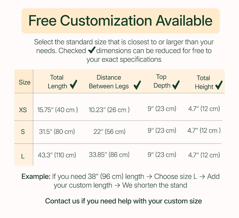 The image is a table with standard sizes and corresponding dimensions, along with a sample that allows for customizing the size based on the user's needs.