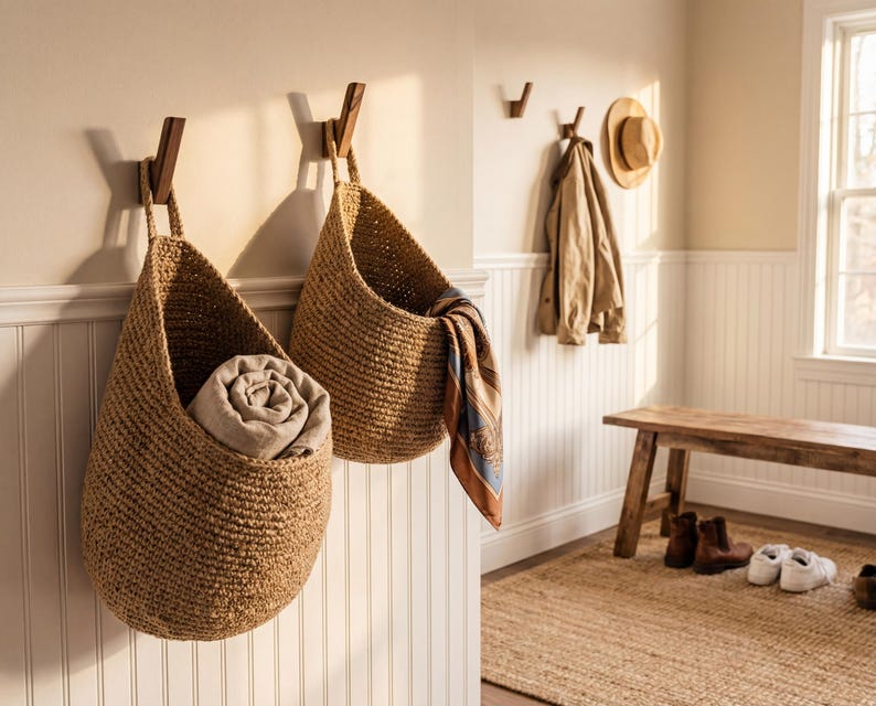 A cozy entryway with a wooden bench, a woven basket hanging on the wall, and a woven basket with a folded blanket inside.