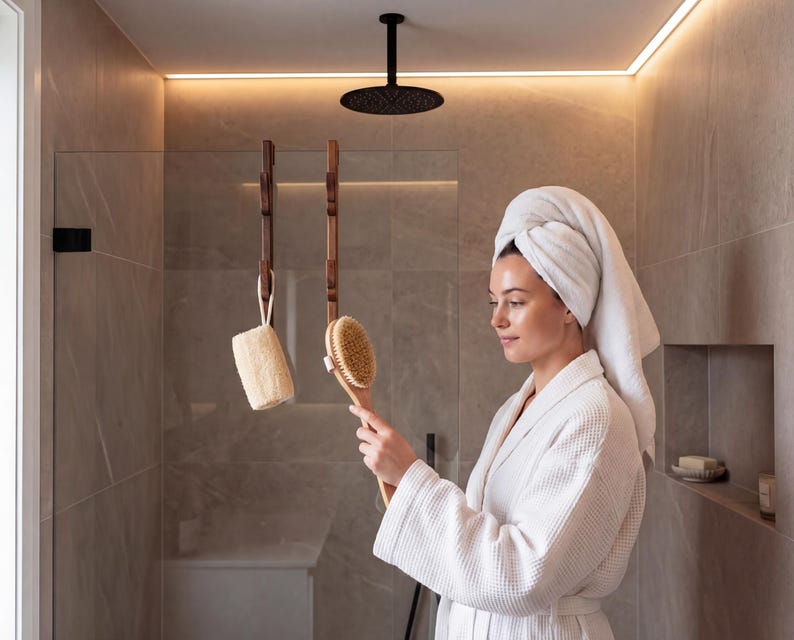 A woman in a white bathrobe stands in a modern bathroom, holding a wooden brush and looking at a mirror.
