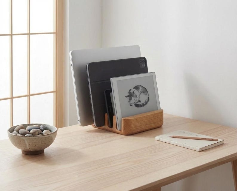 a wooden desk with a bowl of stones, a wooden stand holding three laptops, and a notebook.