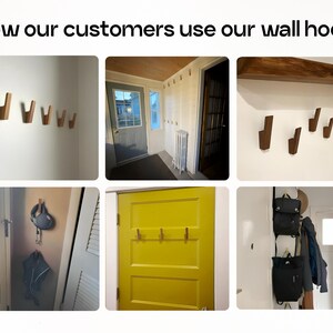 The image is a collage of six different images showing various ways customers use wall hooks, including hanging coats, backpacks, and other items.