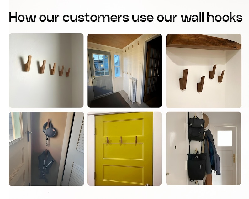 The image is a collage of six different images showing various ways customers use wall hooks, including hanging coats, backpacks, and other items.