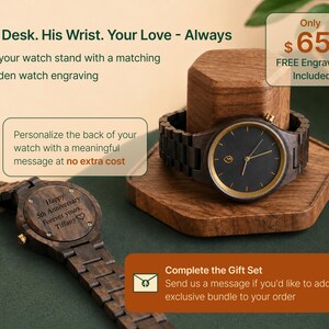 a wooden watch stand with a watch on it, along with a message that reads "His Desk. His Wrist. Your Love - Always Pair your watch stand with a matching wooden watch engraving. Personalize the back of your watch with a meaningful message at no extra cost. Happy 5th Anniversary Forever your [Tiffany]". The image also includes a price tag of $65 and a free engraving included.