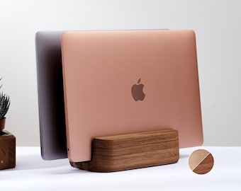 Wood Vertical Laptop Stand for Desk Setup, Dual Laptop Holder for Desk Organization, Walnut Macbook Pro home office,