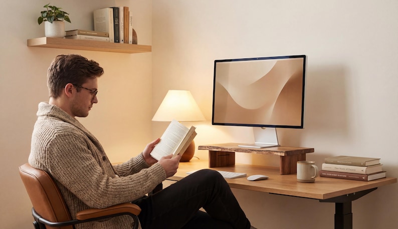A man is sitting at a desk, reading a book and looking at a computer monitor.