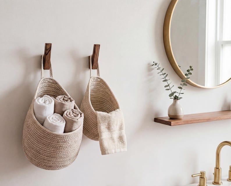 a bathroom setting with two woven baskets hanging on the wall, each containing rolled towels. A round mirror is mounted above the baskets, and a wooden shelf is visible below the mirror. A small potted plant is placed on the shelf, adding a touch of greenery to the space.