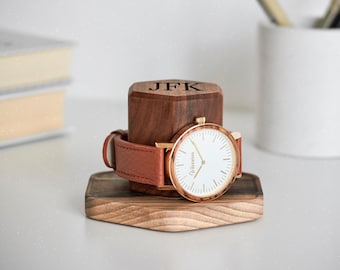 Horlogehouder voor heren, op maat gegraveerd cadeau voor papa, elegante horlogestandaard, minimalistische opberger voor nachtkastje