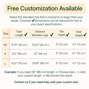 The image is a table with standard sizes and corresponding dimensions, along with a sample that allows for customizing the size based on the user's needs.