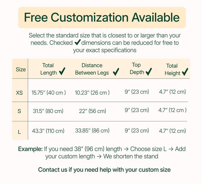 The image is a table with standard sizes and corresponding dimensions, along with a sample that allows for customizing the size based on the user's needs.