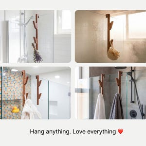The image is a collage of four photos showing different bathroom fixtures, including a shower, towel rack, and towel.