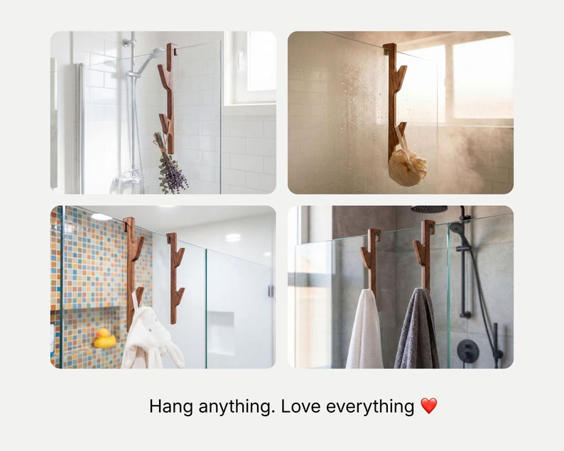 The image is a collage of four photos showing different bathroom fixtures, including a shower, towel rack, and towel.