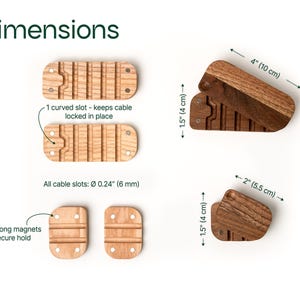 various wooden objects, including a curved slot, a strong magnet, and a wooden block, along with their dimensions and features.