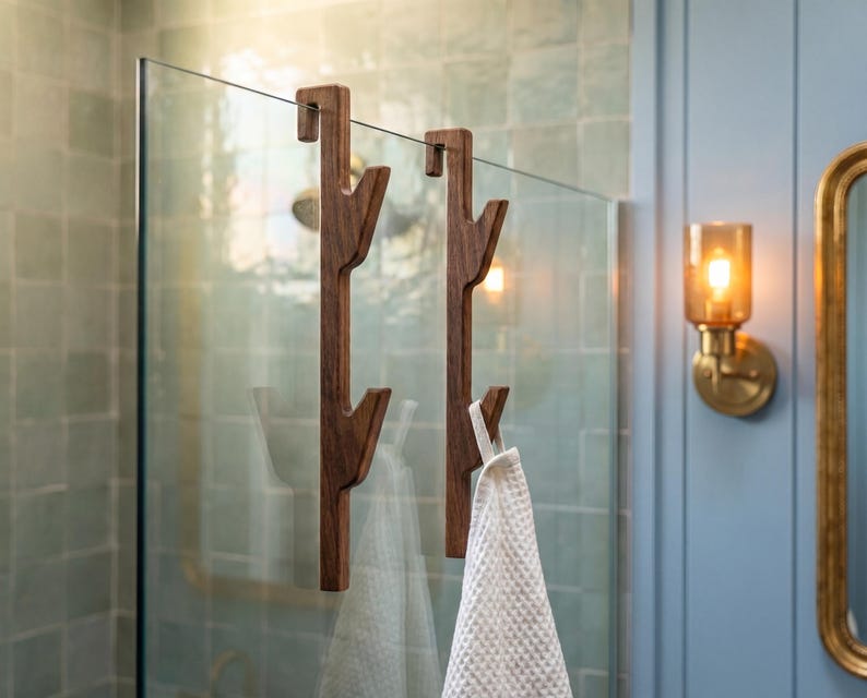 a bathroom with a glass shower door, a wooden towel rack with two towel hooks, and a light fixture mounted on the wall.