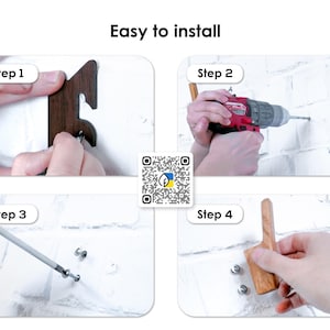 The image is a step-by-step guide on how to install a wooden object on a wall using a drill and screws.