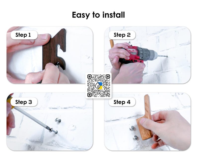 The image is a step-by-step guide on how to install a wooden object on a wall using a drill and screws.