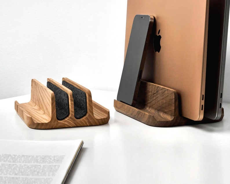 Laptop holder, vertical laptop stand, MacBook pro stand, phone stand, iPad stand, MacBook dock, MacBook holder, desk setup image 8