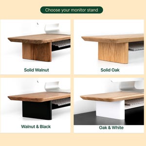 four different types of monitor stands, each with a distinct color and design, allowing the viewer to choose their preferred option.